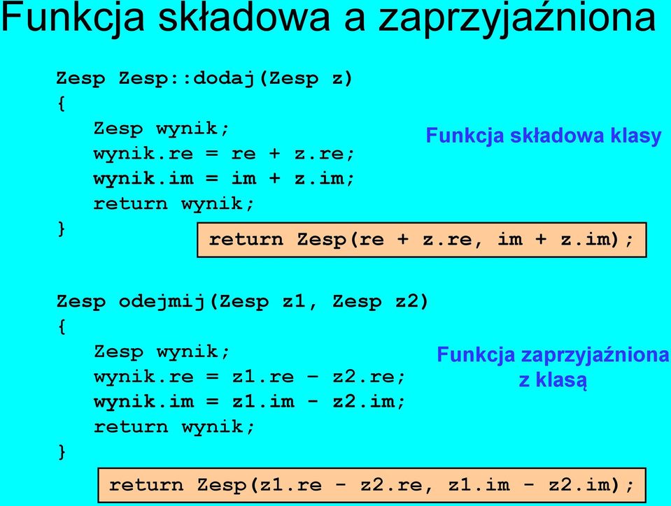 re, im + z.im); Zesp odejmij(zesp z1, Zesp z2) Zesp wynik; wynik.re = z1.re z2.re; wynik.