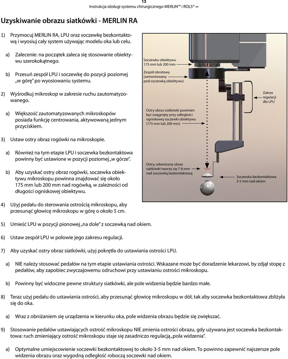 Soczewka obiektywu 175 mm lub 200 mm Zespół obrotowy (zamontowany pod soczewką obiektywu) 2) Wyśrodkuj mikroskop w zakresie ruchu zautomatyzowanego.