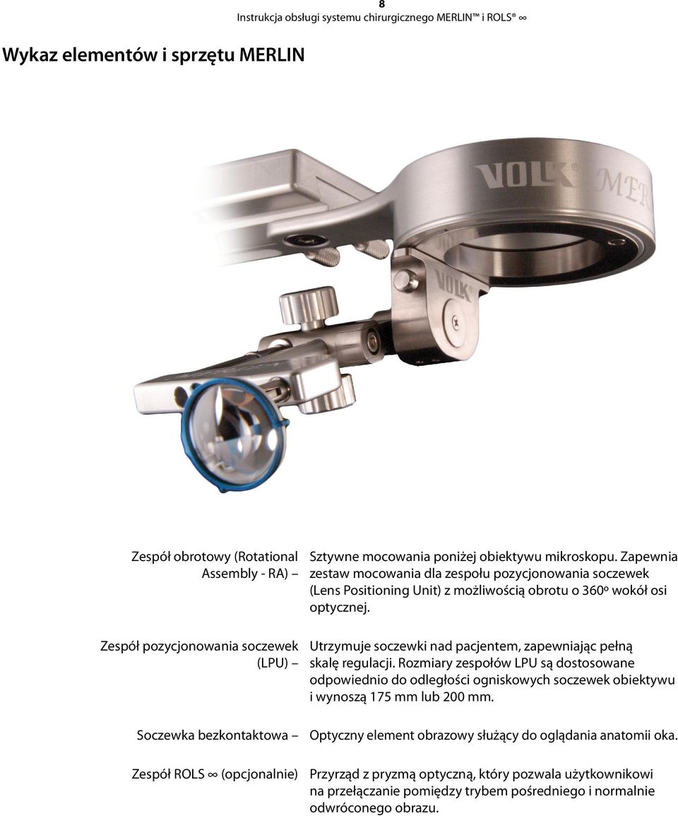 Zespół pozycjonowania soczewek (LPU) Soczewka bezkontaktowa Utrzymuje soczewki nad pacjentem, zapewniając pełną skalę regulacji.