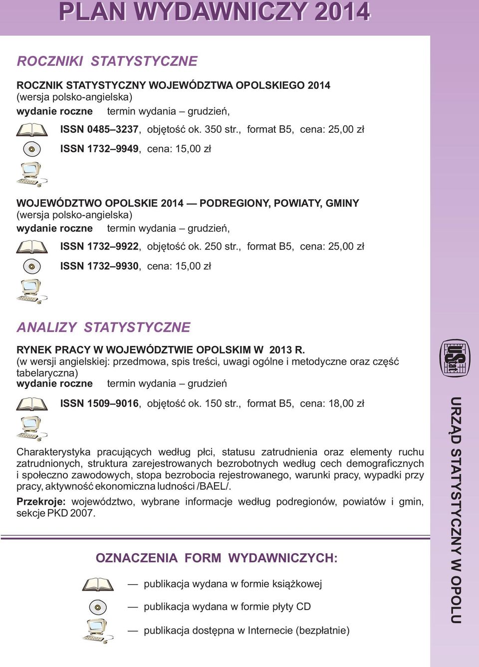 , format B5, cena: 25,00 z³ ISSN 1732 9930, cena: 15,00 z³ ANALIZY STATYSTYCZNE RYNEK PRACY W WOJEWÓDZTWIE OPOLSKIM W 2013 R.