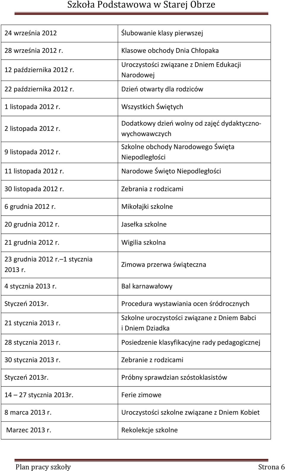 Dodatkowy dzień wolny od zajęć dydaktycznowychowawczych Szkolne obchody Narodowego Święta Niepodległości 11 listopada 2012 r. Narodowe Święto Niepodległości 30 listopada 2012 r.