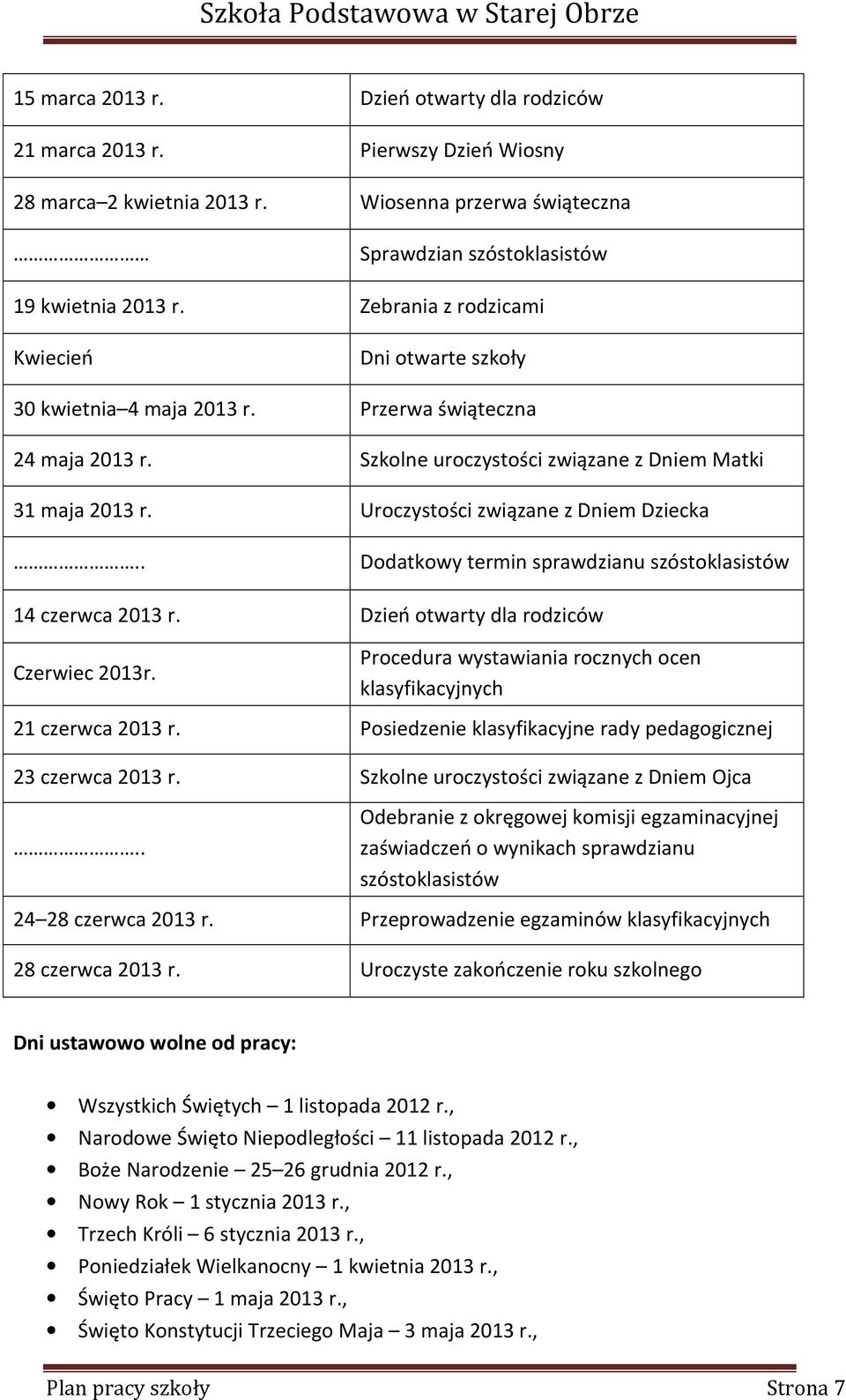 Uroczystości związane z Dniem Dziecka.. Dodatkowy termin sprawdzianu szóstoklasistów 14 czerwca 2013 r. Dzień otwarty dla rodziców Czerwiec 2013r.