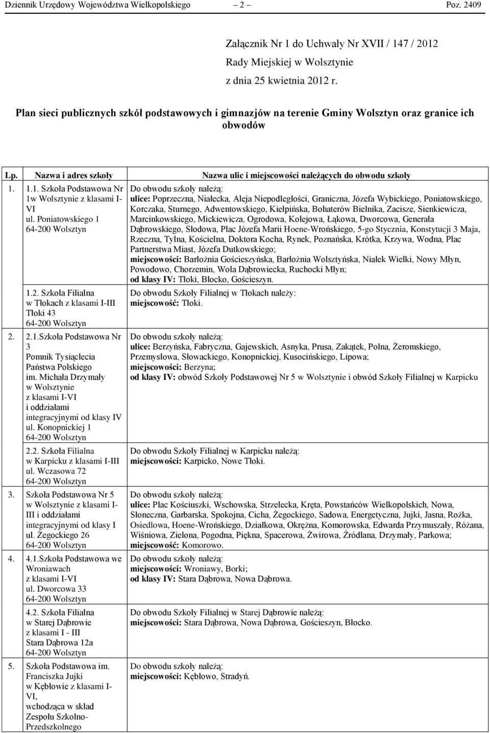 Nazwa i adres szkoły Nazwa ulic i miejscowości należących do obwodu szkoły 1. 1.1. Szkoła Podstawowa Nr 1 z klasami I- VI ul. Poniatowskiego 1 1.2.