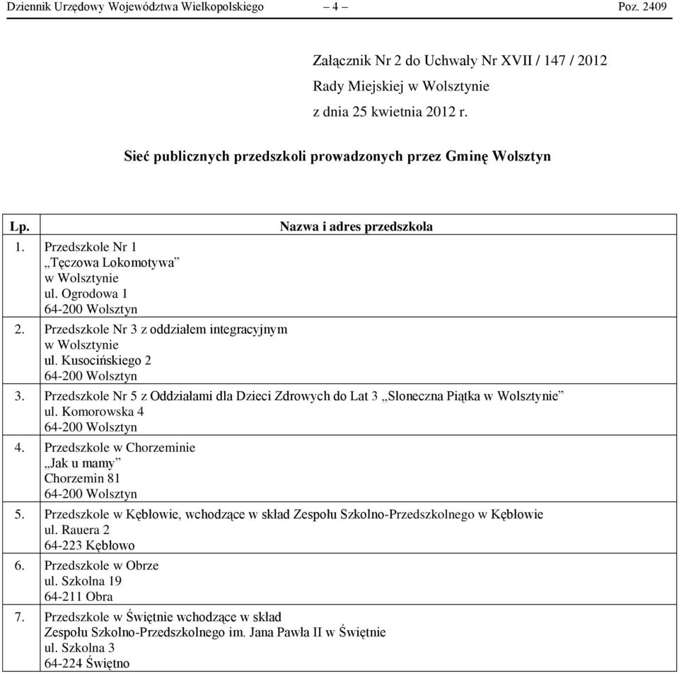 Komorowska 4 4. Przedszkole w Chorzeminie Jak u mamy Chorzemin 81 5. Przedszkole w Kębłowie, wchodzące w skład Zespołu Szkolno-Przedszkolnego w Kębłowie ul. Rauera 2 64-223 Kębłowo 6.