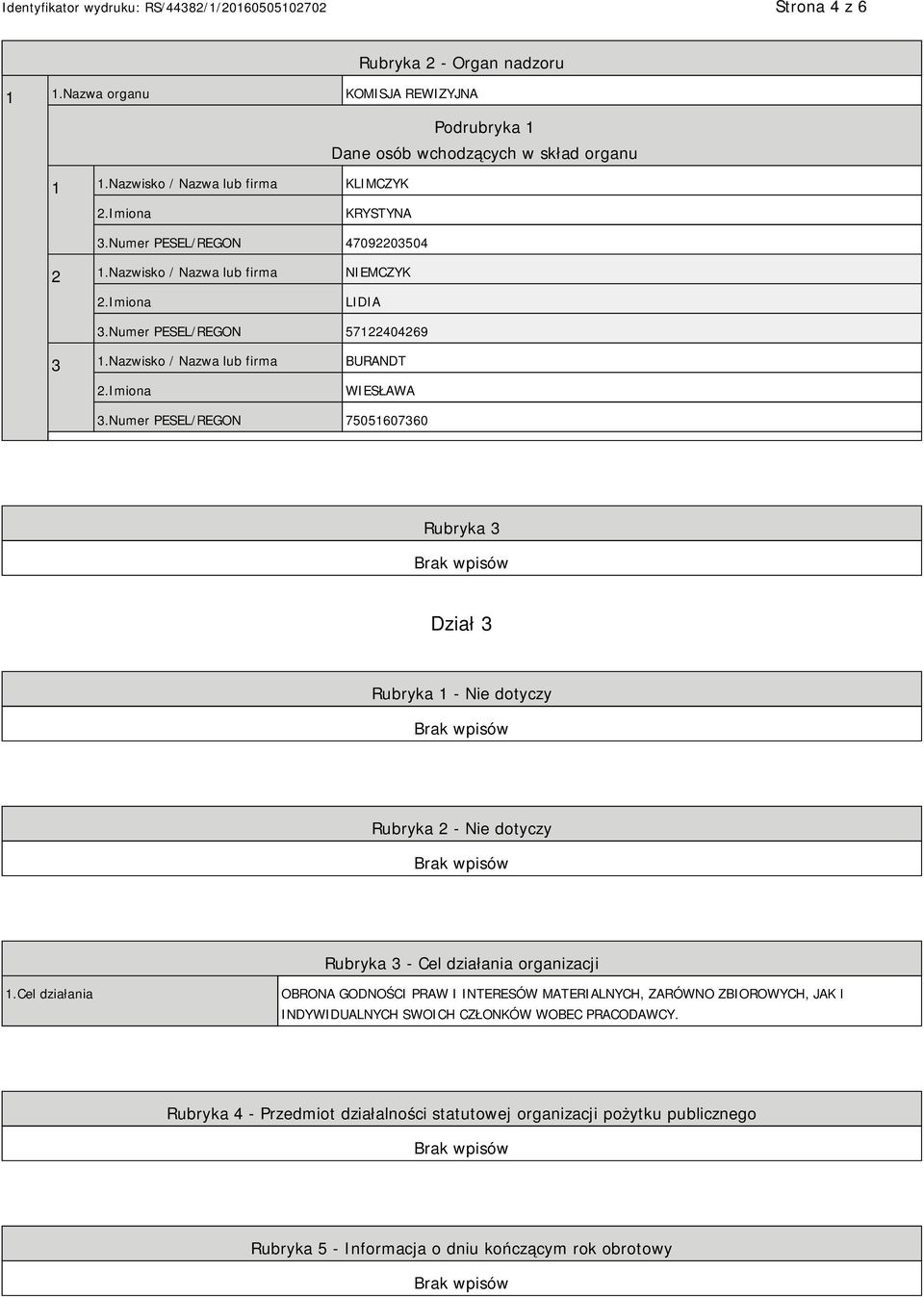 Numer PESEL/REGON 75051607360 Rubryka 3 Dział 3 Rubryka 1 - Nie dotyczy Rubryka 2 - Nie dotyczy Rubryka 3 - Cel działania organizacji 1.