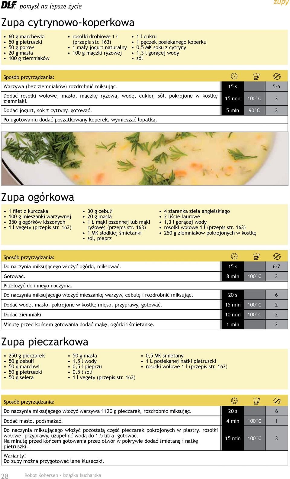 15 min 100 C 3 Dodać jogurt, sok z cytryny, gotować. 5 min 90 C 3 Po ugotowaniu dodać poszatkowany koperek, wymieszać łopatką.