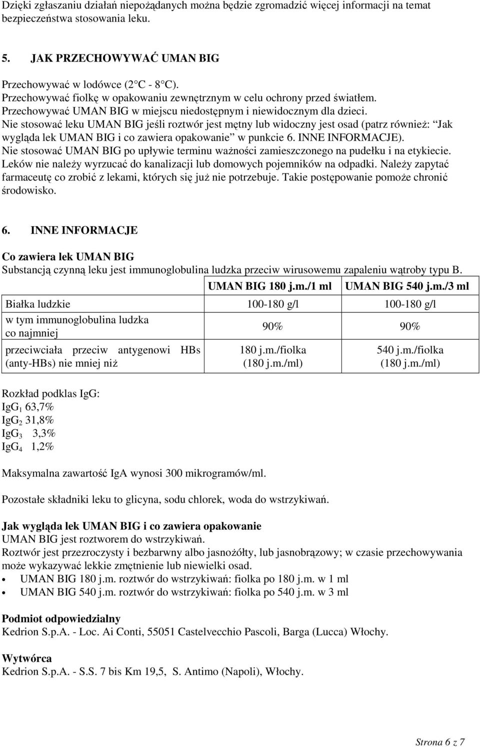 Nie stosować leku UMAN BIG jeśli roztwór jest mętny lub widoczny jest osad (patrz również: Jak wygląda lek UMAN BIG i co zawiera opakowanie w punkcie 6. INNE INFORMACJE).