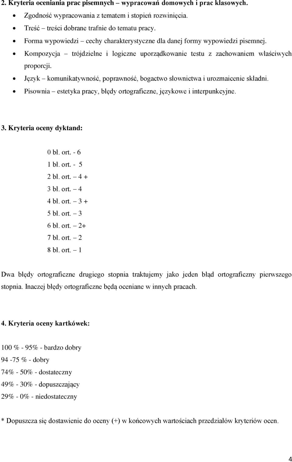 Język komunikatywność, poprawność, bogactwo słownictwa i urozmaicenie składni. Pisownia estetyka pracy, błędy ortograficzne, językowe i interpunkcyjne. 3. Kryteria oceny dyktand: 0 bł. ort. - 6 1 bł.