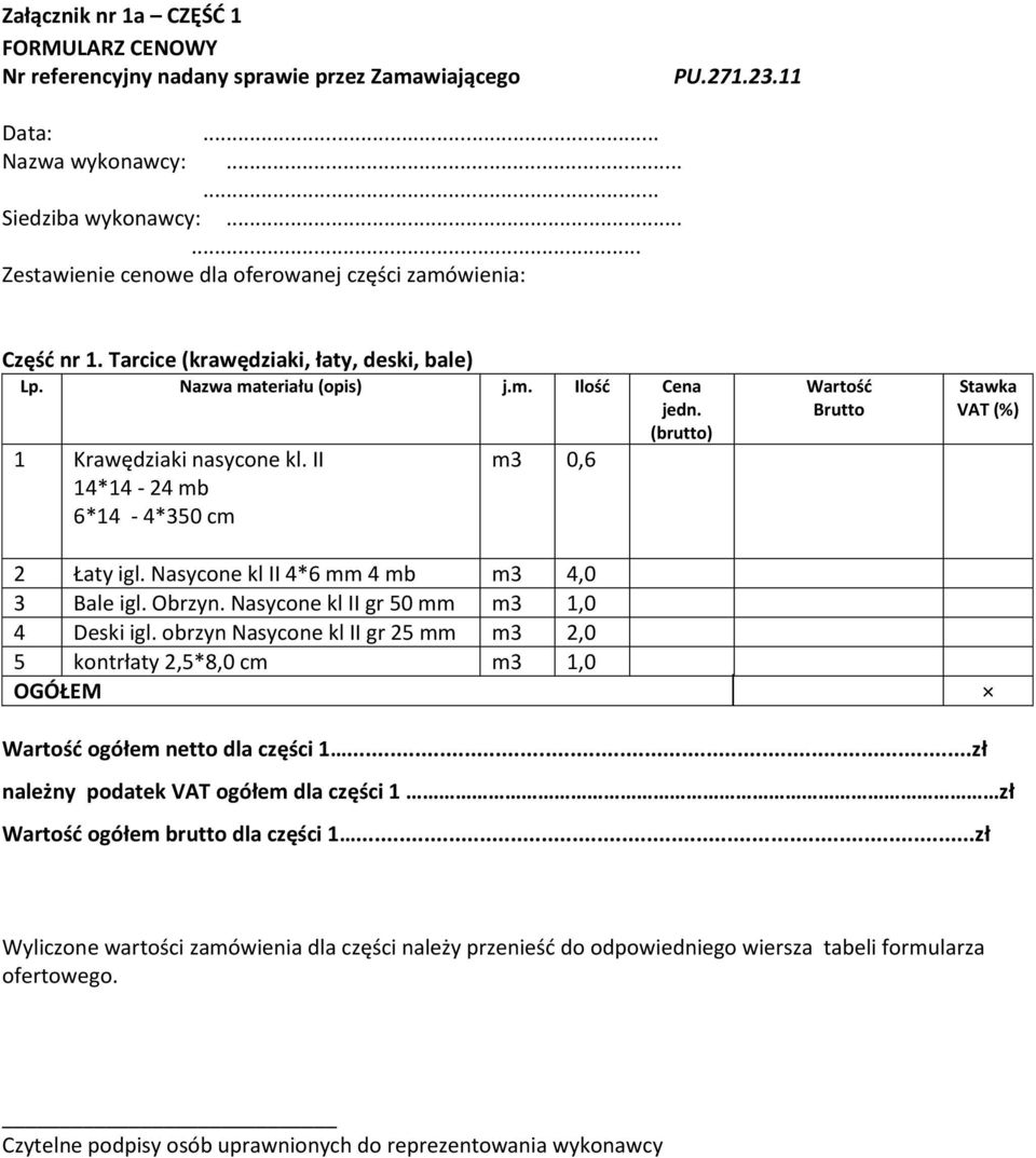 II m3 0,6 14*14-24 mb 6*14-4*350 cm Wartośd Brutto VAT (%) 2 Łaty igl. Nasycone kl II 4*6 mm 4 mb m3 4,0 3 Bale igl. Obrzyn.