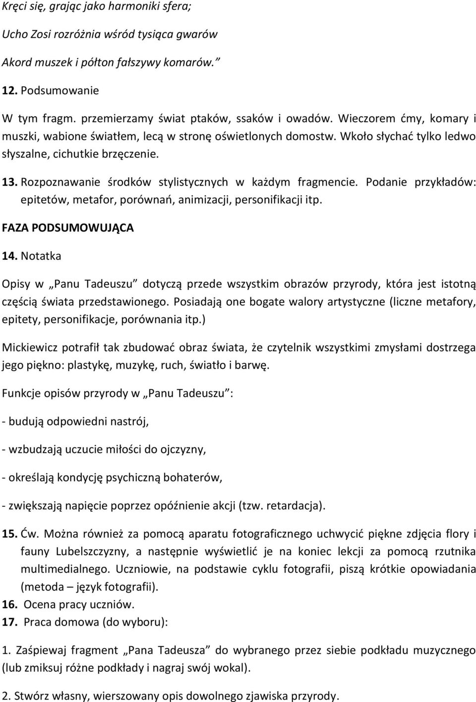 Rozpoznawanie środków stylistycznych w każdym fragmencie. Podanie przykładów: epitetów, metafor, porównań, animizacji, personifikacji itp. FAZA PODSUMOWUJĄCA 14.