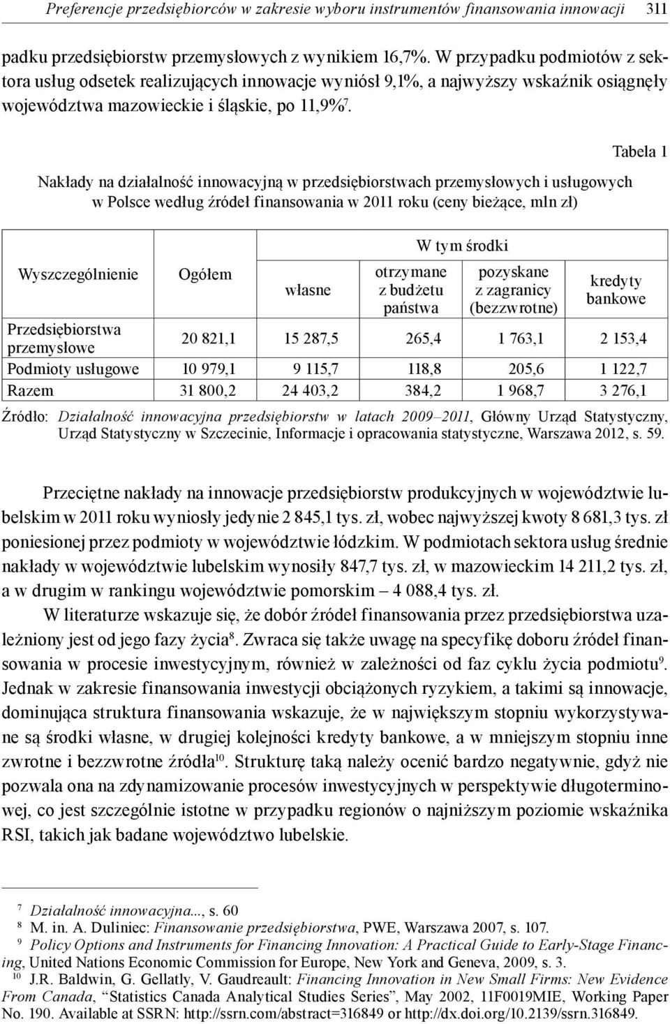 Nakłady na działalność innowacyjną w przedsiębiorstwach przemysłowych i usługowych w Polsce według źródeł finansowania w 2011 roku (ceny bieżące, mln zł) Wyszczególnienie Ogółem własne otrzymane z