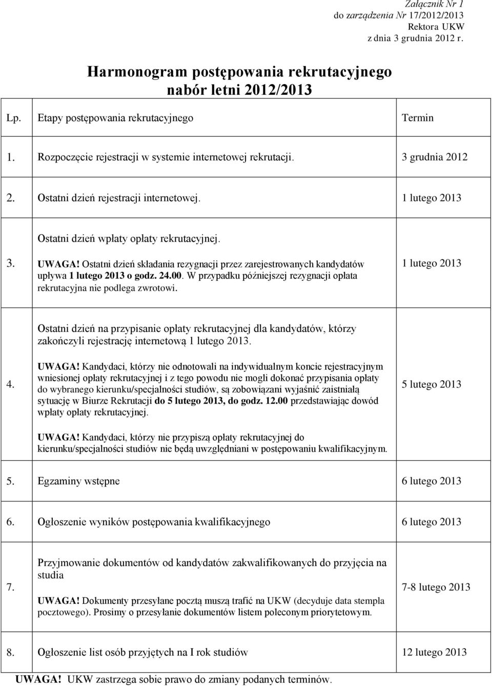 Ostatni dzień składania rezygnacji przez zarejestrowanych kandydatów upływa 1 lutego 2013 o godz. 24.00. W przypadku późniejszej rezygnacji opłata rekrutacyjna nie podlega zwrotowi. 1 lutego 2013 4.