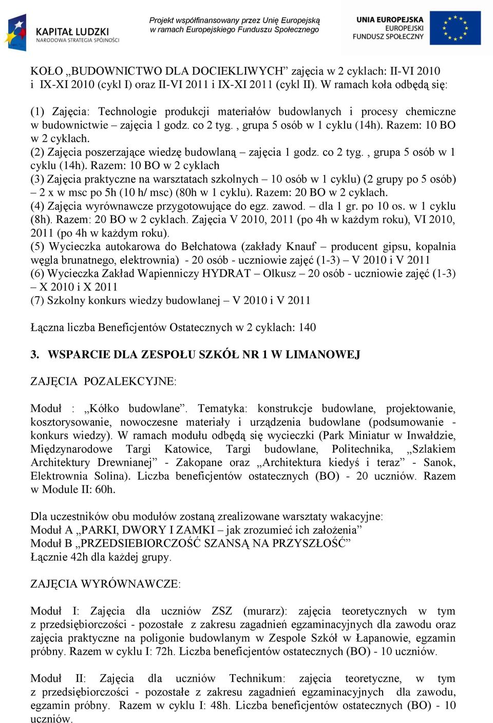 Razem: 10 BO w 2 cyklach. (2) Zajęcia poszerzające wiedzę budowlaną zajęcia 1 godz. co 2 tyg., grupa 5 osób w 1 cyklu (14h).