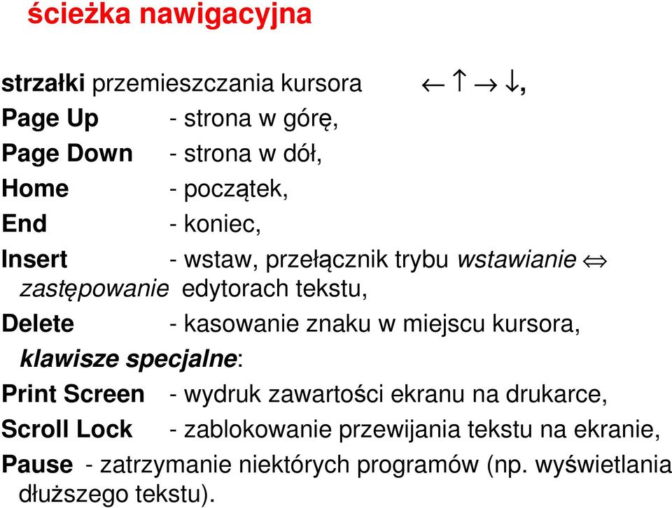 specjalne: Print Screen Scroll Lock - kasowanie znaku w miejscu kursora, - wydruk zawartości ekranu na drukarce, -