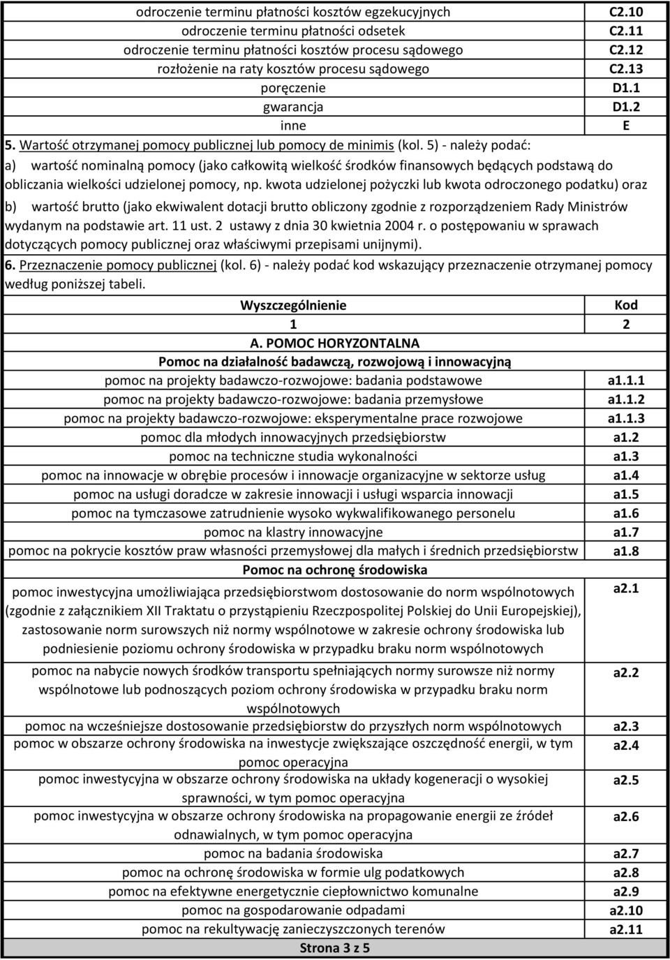 2 E a) wartość nominalną pomocy (jako całkowitą wielkość środków finansowych będących podstawą do obliczania wielkości udzielonej pomocy, np.