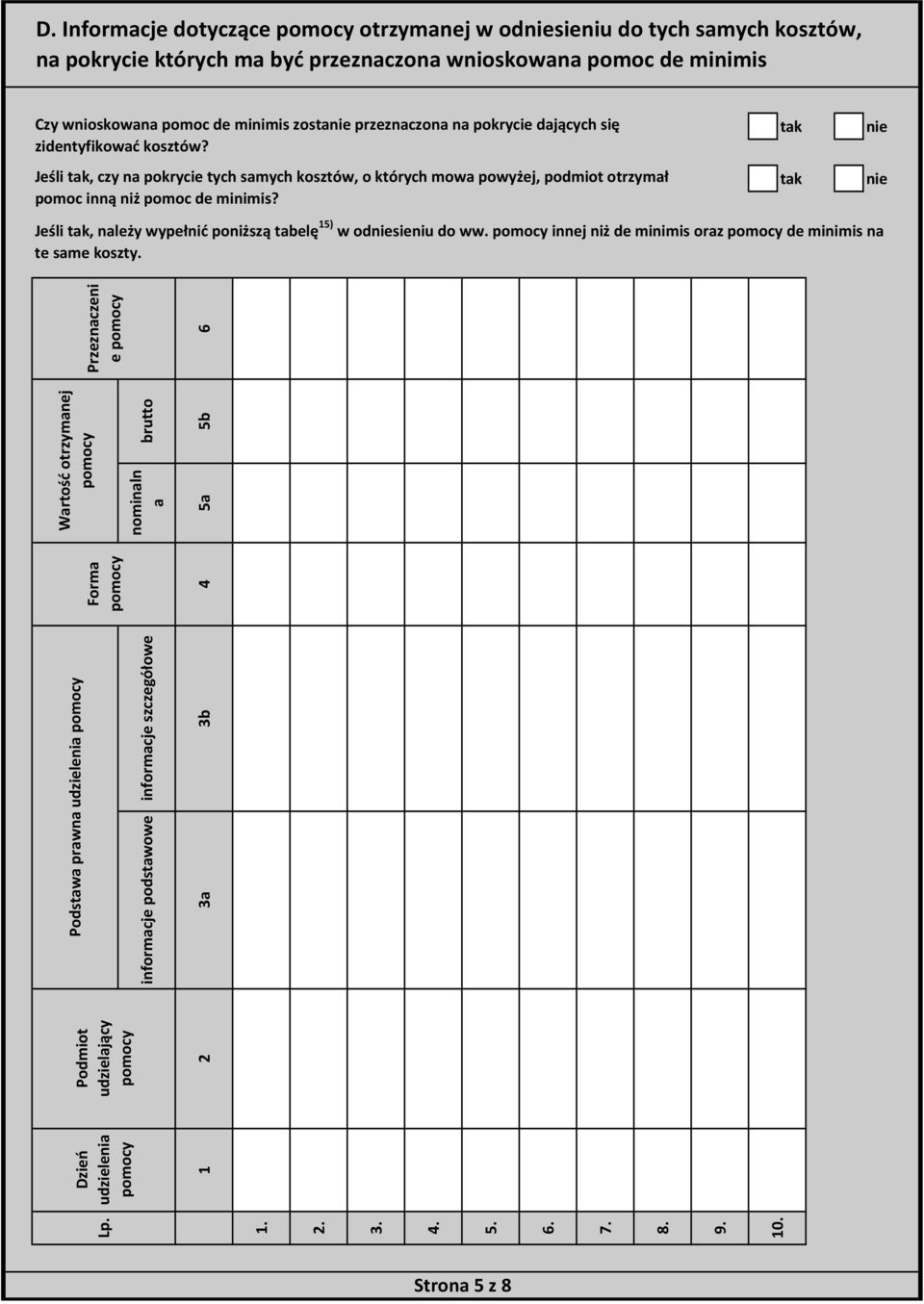 Jeśli, należy wypełnić poniższą tabelę 15) w odsieniu do ww. pomocy innej niż de minimis oraz pomocy de minimis na te same koszty. Lp. 1. 2. 3. 4. 5. 6. 7. 8. 9. 10.