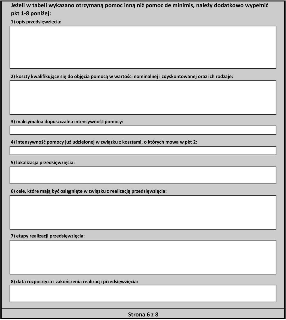 intensywność pomocy już udzielonej w związku z kosztami, o których mowa w pkt 2: 5) lokalizacja przedsięwzięcia: 6) cele, które mają być osiągnięte