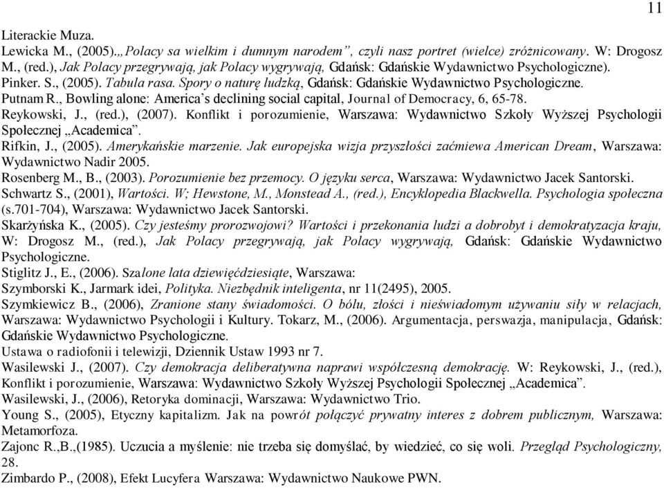 Putnam R., Bowling alone: America s declining social capital, Journal of Democracy, 6, 65-78. Reykowski, J., (red.), (2007).