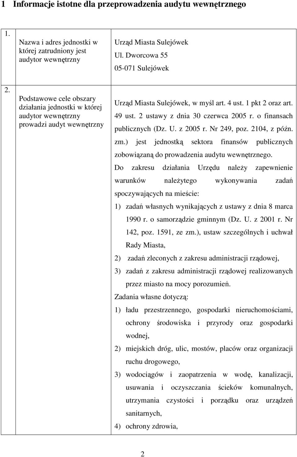 2 ustawy z dnia 30 czerwca 2005 r. o finansach publicznych (Dz. U. z 2005 r. Nr 249, poz. 2104, z późn. zm.) jest jednostką sektora finansów publicznych zobowiązaną do prowadzenia audytu wewnętrznego.