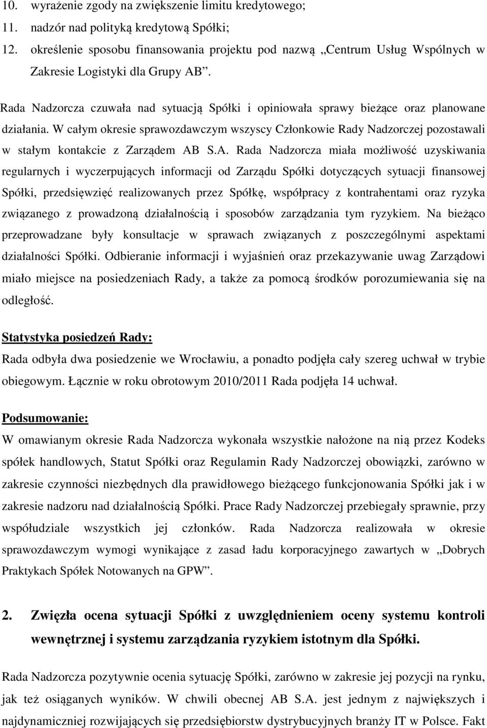 Rada Nadzorcza czuwała nad sytuacją Spółki i opiniowała sprawy bieżące oraz planowane działania.