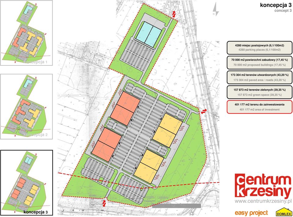 utwardzonych (43,20 %) 173 304 m2 paved area / roads (43,20 %) 157 873 m2 terenów zielonych (39,35 %) 157