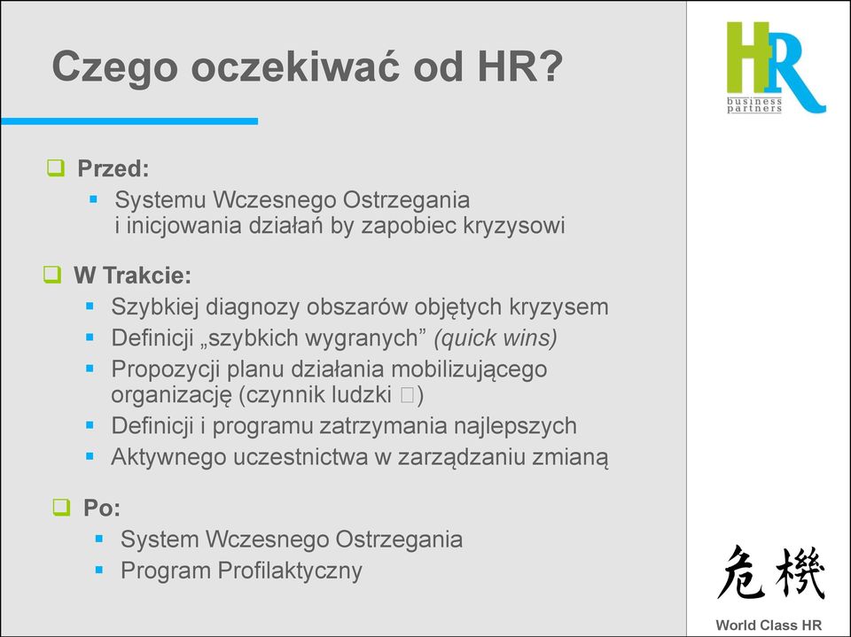 diagnozy obszarów objętych kryzysem Definicji szybkich wygranych (quick wins) Propozycji planu działania