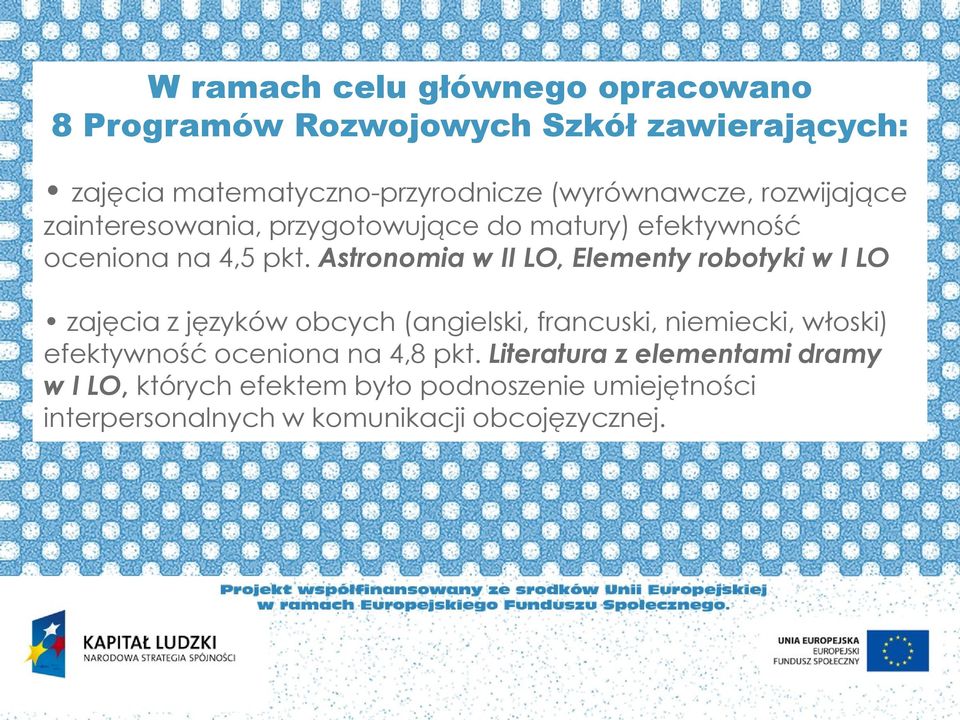 Astronomia w II LO, Elementy robotyki w I LO zajęcia z języków obcych (angielski, francuski, niemiecki, włoski)