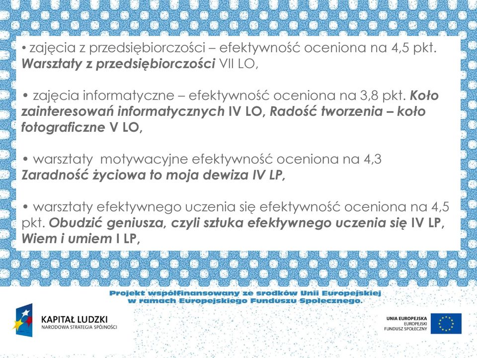 Koło zainteresowań informatycznych IV LO, Radość tworzenia koło fotograficzne V LO, warsztaty motywacyjne efektywność