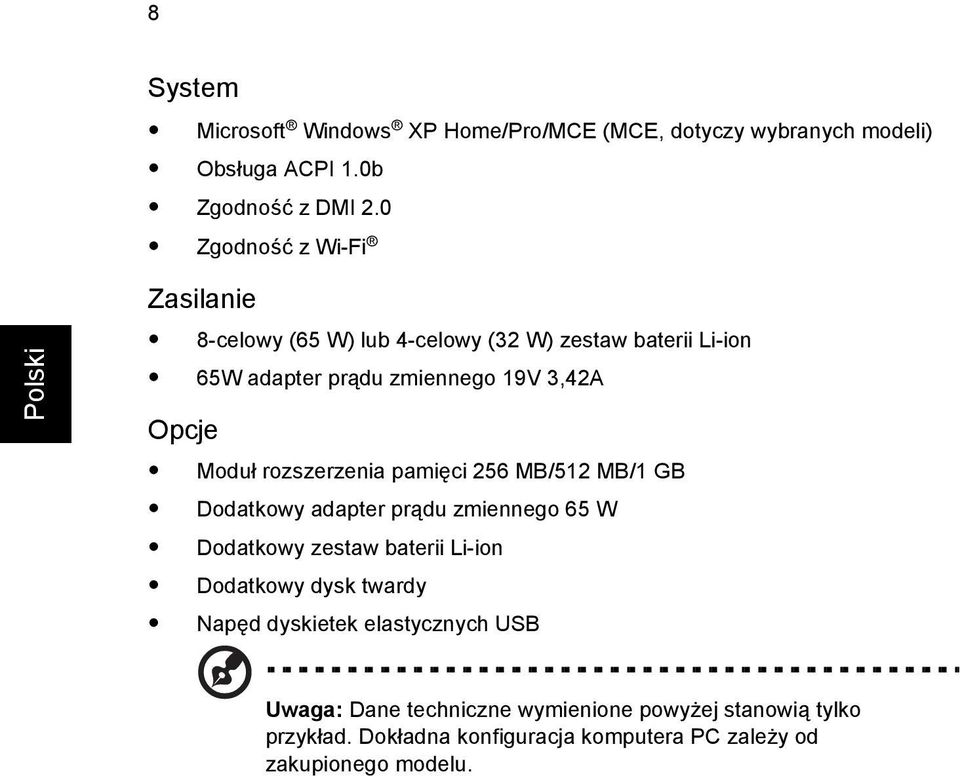 Moduł rozszerzenia pamięci 256 MB/512 MB/1 GB Dodatkowy adapter prądu zmiennego 65 W Dodatkowy zestaw baterii Li-ion Dodatkowy dysk