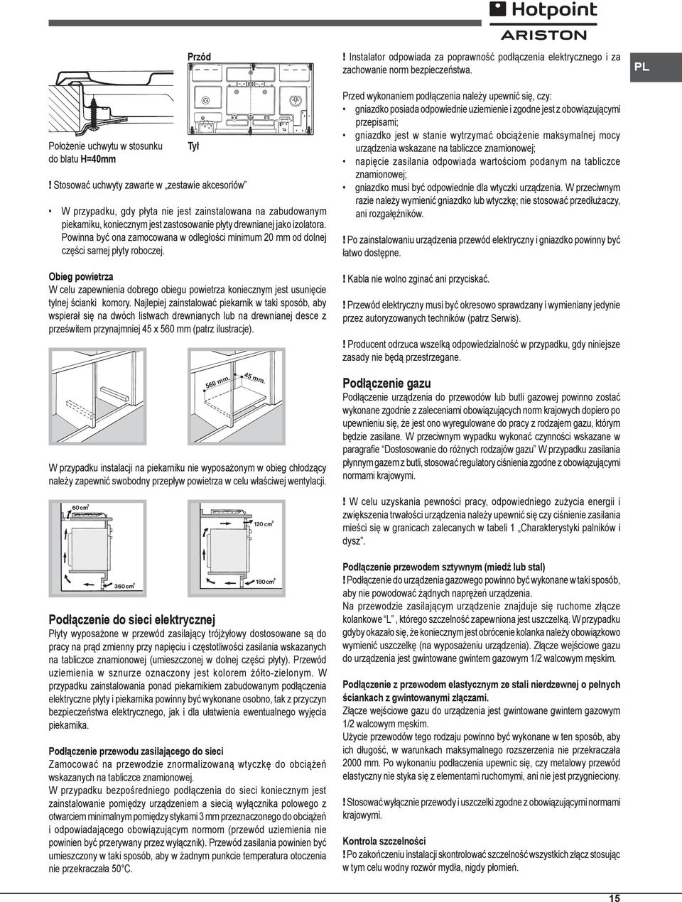 Powinna być ona zamocowana w odległości minimum 20 mm od dolnej części samej płyty roboczej.