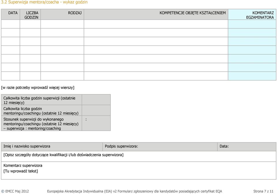 (ostatnie 12 miesięcy) superwizja : mentoring/coaching : Imię i nazwisko superwizora Podpis superwizora: Data: [Opisz szczegóły dotyczące kwalifikacji i/lub doświadczenia