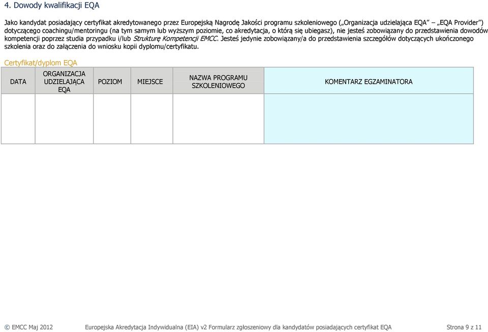 Kompetencji EMCC. Jesteś jedynie zobowiązany/a do przedstawienia szczegółów dotyczących ukończonego szkolenia oraz do załączenia do wniosku kopii dyplomu/certyfikatu.