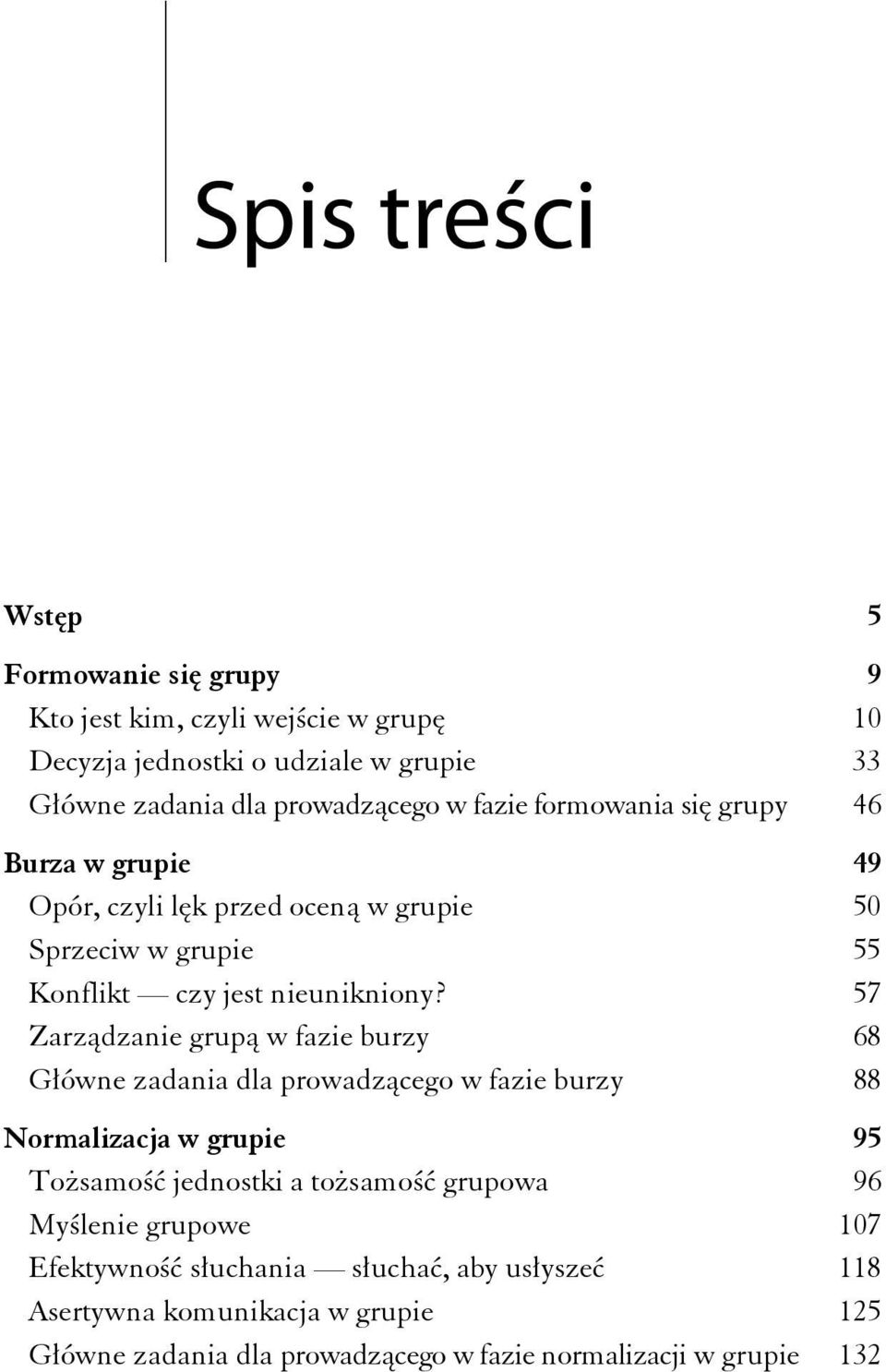 57 Zarządzanie grupą w fazie burzy 68 Główne zadania dla prowadzącego w fazie burzy 88 Normalizacja w grupie 95 Tożsamość jednostki a tożsamość grupowa 96