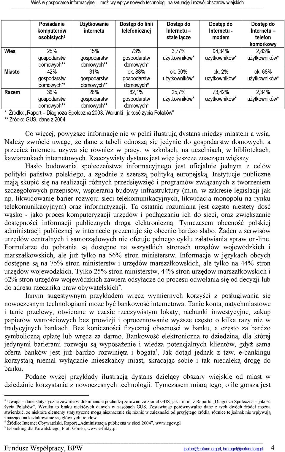 30% 25,7% Dostęp do Internetu - modem 94,34% ok. 2% 73,42% Dostęp do Internetu telefon komórkowy 2,83% ok. 68% 2,34% Co więcej, powyższe informacje nie w pełni ilustrują dystans między miastem a wsią.