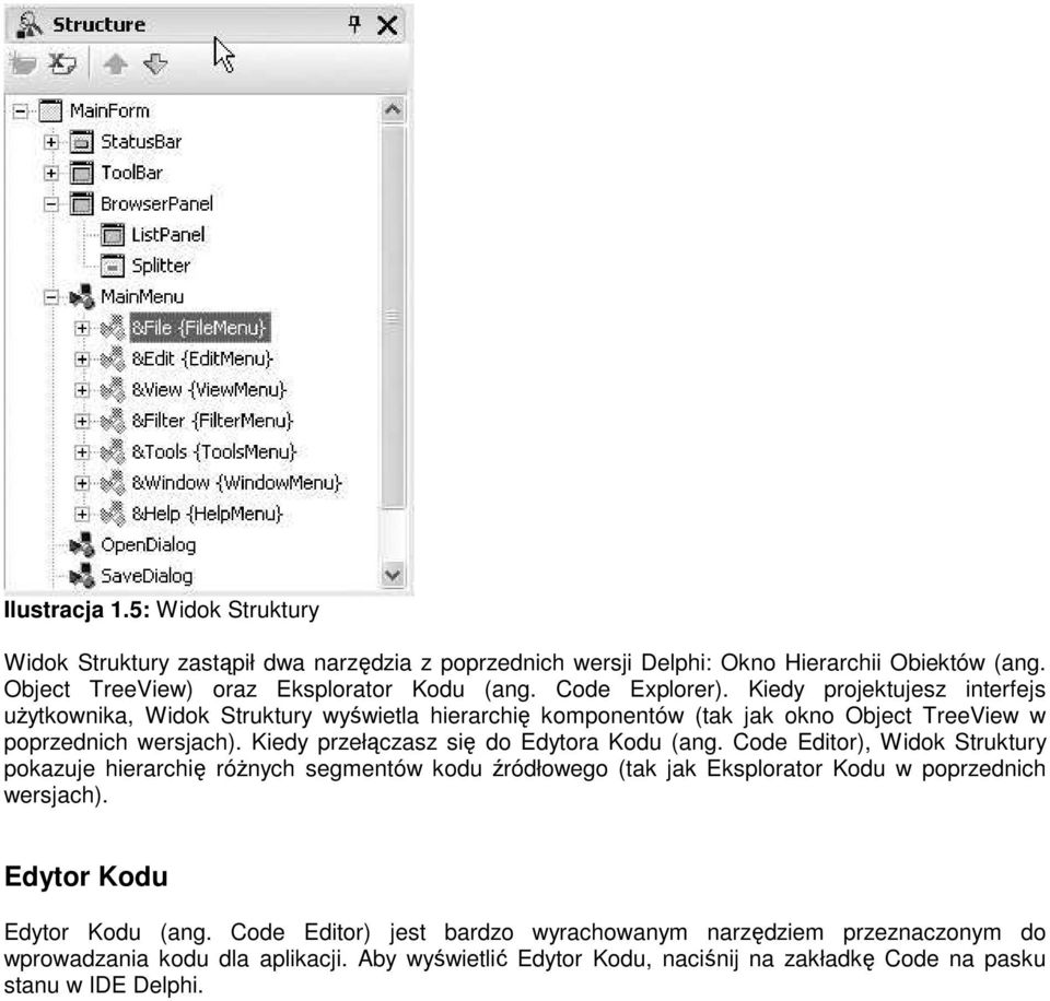 Kiedy przełączasz się do Edytora Kodu (ang. Code Editor), Widok Struktury pokazuje hierarchię róŝnych segmentów kodu źródłowego (tak jak Eksplorator Kodu w poprzednich wersjach).