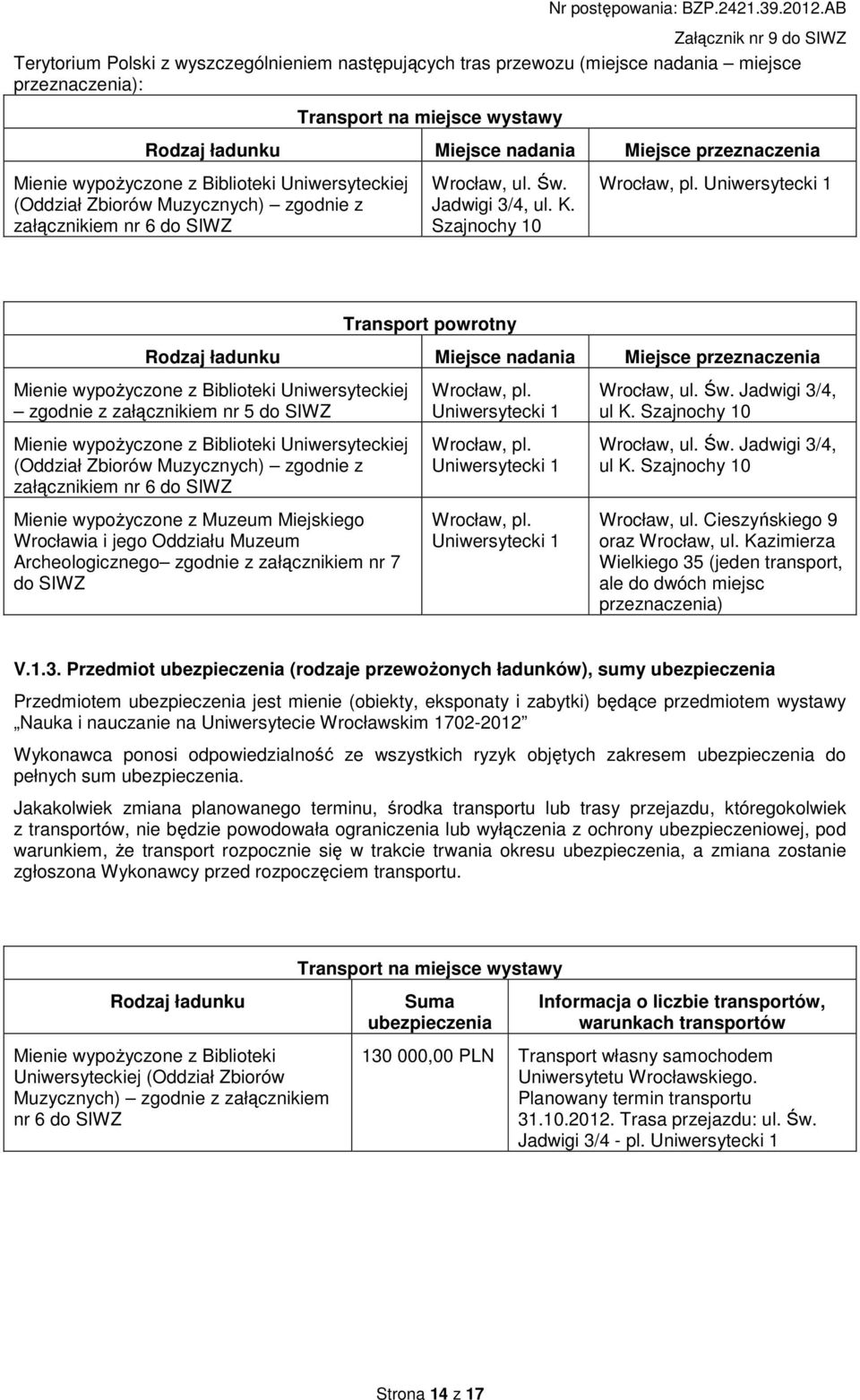 Uniwersytecki 1 Transport powrotny Rodzaj ładunku Miejsce nadania Miejsce przeznaczenia Mienie wypoŝyczone z Biblioteki Uniwersyteckiej zgodnie z załącznikiem nr 5 do SIWZ Mienie wypoŝyczone z