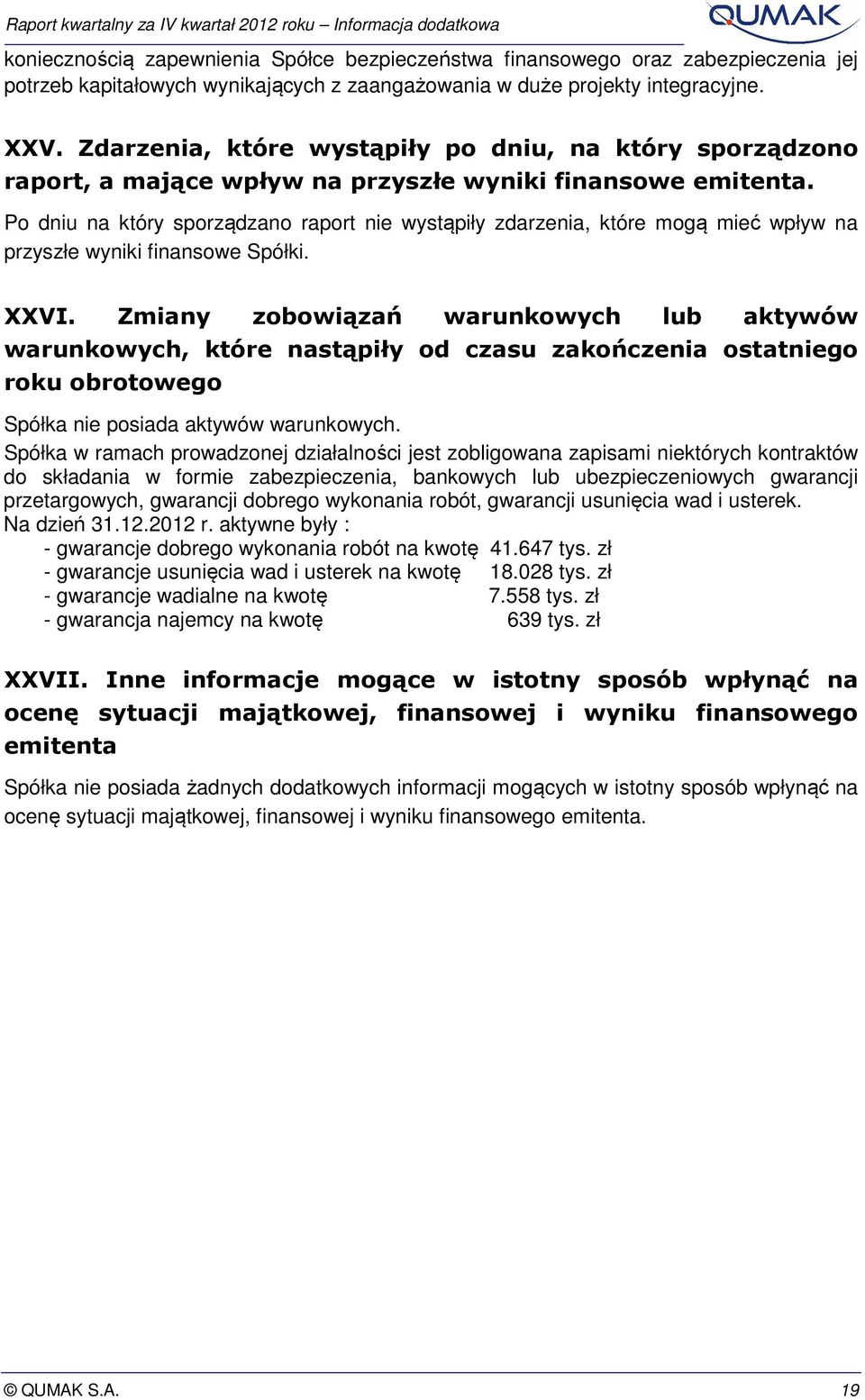 Po dniu na który sporządzano raport nie wystąpiły zdarzenia, które mogą mieć wpływ na przyszłe wyniki finansowe Spółki. XXVI.