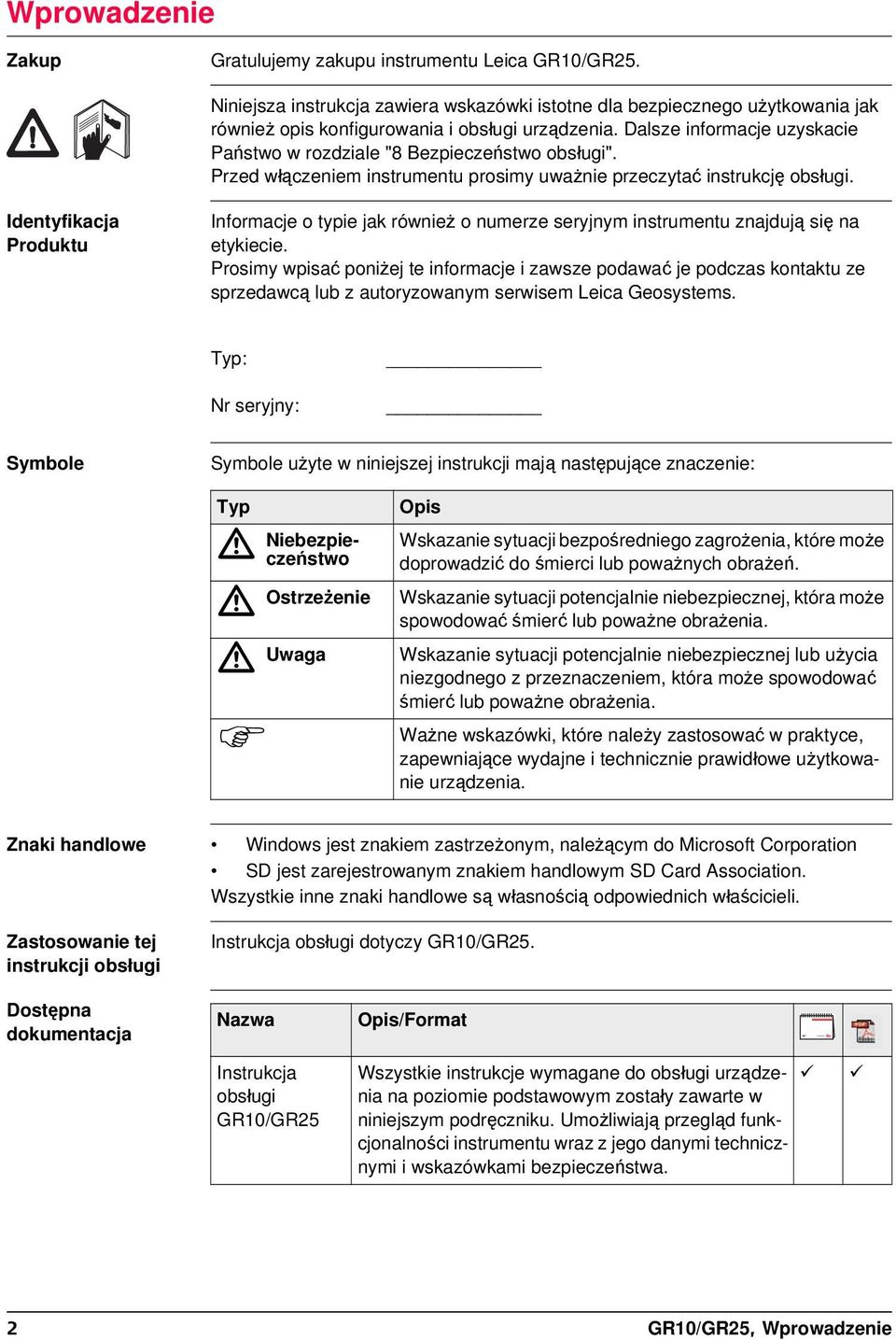 Identyfikacja Produktu Informacje o typie jak również o numerze seryjnym instrumentu znajdują się na etykiecie.