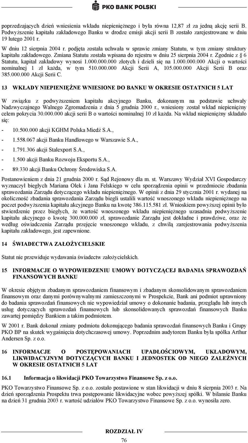 podjęta została uchwała w sprawie zmiany Statutu, w tym zmiany struktury kapitału zakładowego. Zmiana Statutu została wpisana do rejestru w dniu 25 sierpnia 2004 r.