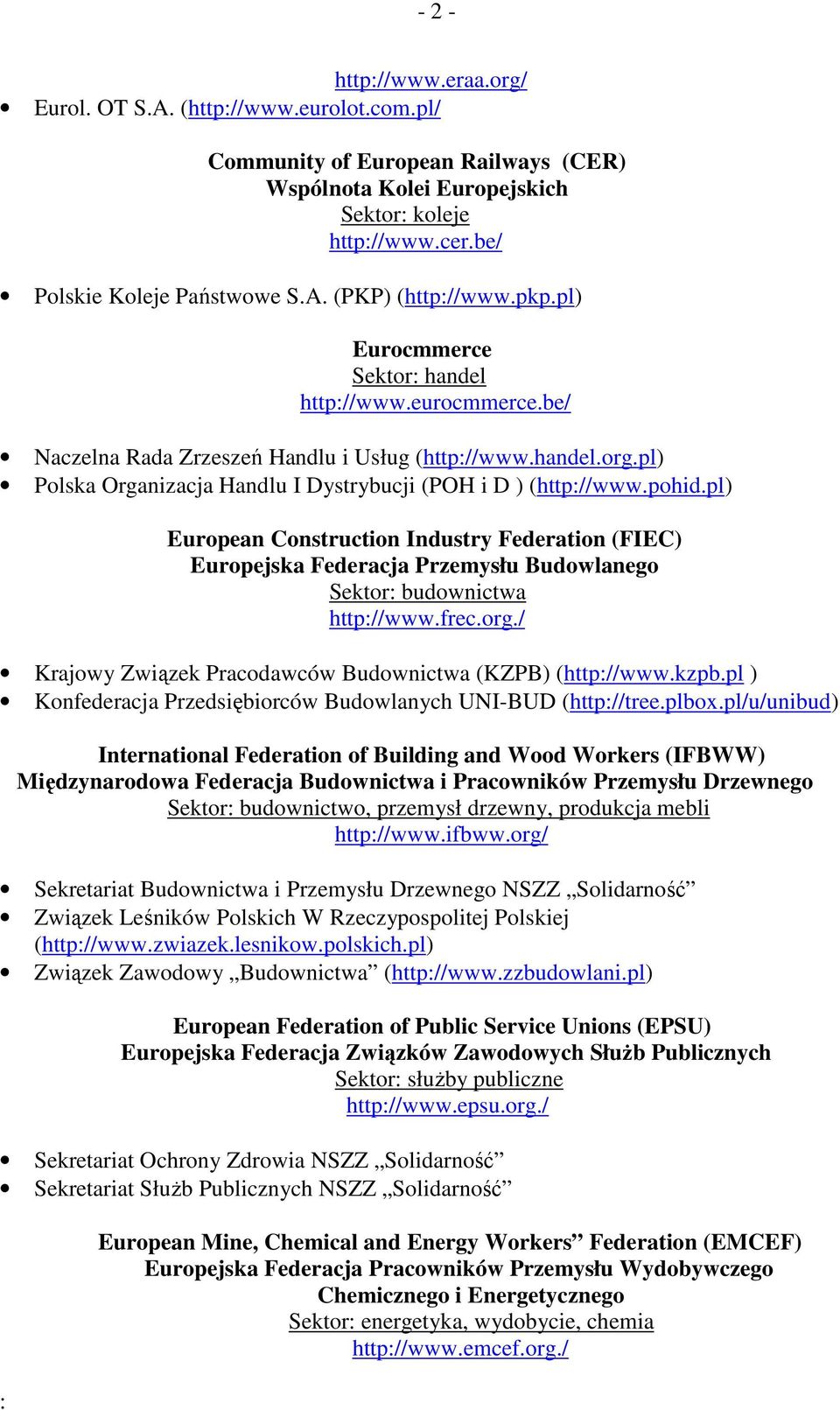 pl) European Construction Industry Federation (FIEC) Europejska Federacja Przemysłu Budowlanego Sektor: budownictwa http://www.frec.org./ Krajowy Związek Pracodawców Budownictwa (KZPB) (http://www.