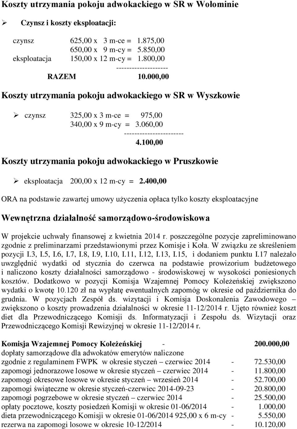 100,00 Koszty utrzymania pokoju adwokackiego w Pruszkowie eksploatacja 200,00 x 12 m-cy = 2.