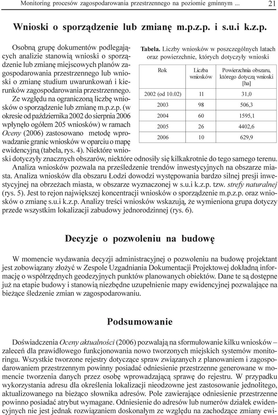 zagospodarowania przestrzennego lub wnioski o zmianê studium uwarunkowañ i kierunków zagospodarowania przestrzennego. Ze wzglêdu na ograniczon¹ liczbê wniosków o sporz¹dzenie lub zmianê m.p.z.p. (w okresie od paÿdziernika 2002 do sierpnia 2006 wp³ynê³o ogó³em 205 wniosków) w ramach Oceny (2006) zastosowano metodê wprowadzanie granic wniosków w oparciu o mapê ewidencyjn¹ (tabela, rys.