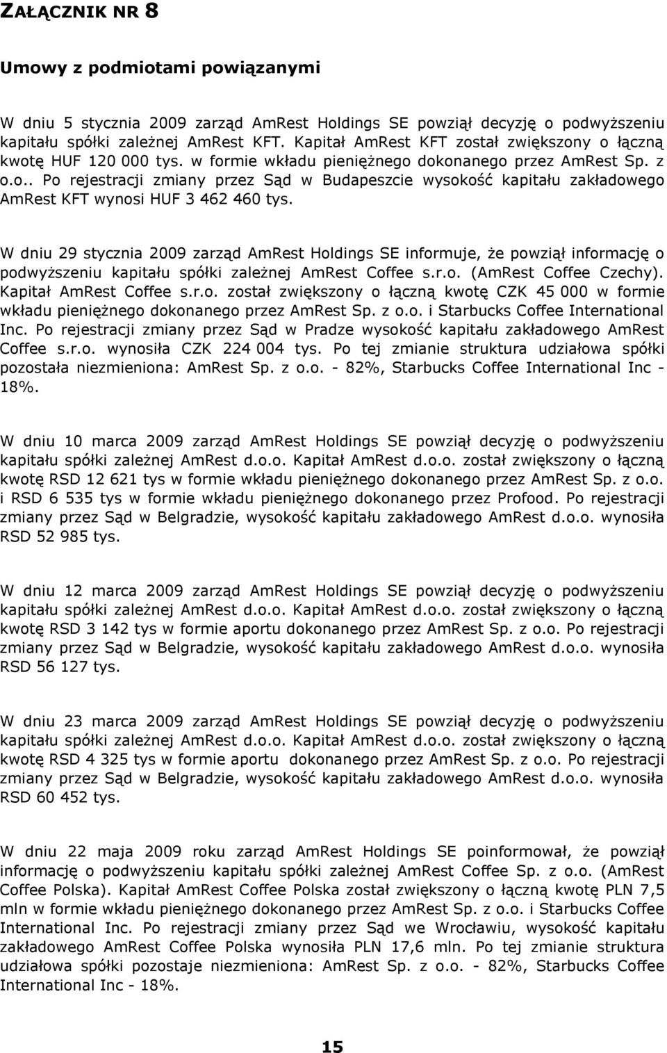 W dniu 29 stycznia 2009 zarząd AmRest Holdings SE informuje, że powziął informację o podwyższeniu kapitału spółki zależnej AmRest Coffee s.r.o. (AmRest Coffee Czechy). Kapitał AmRest Coffee s.r.o. został zwiększony o łączną kwotę CZK 45 000 w formie wkładu pieniężnego dokonanego przez AmRest Sp.