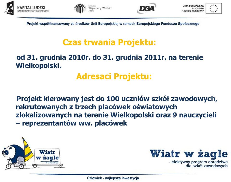 Adresaci Projektu: Projekt kierowany jest do 100 uczniów szkół zawodowych,