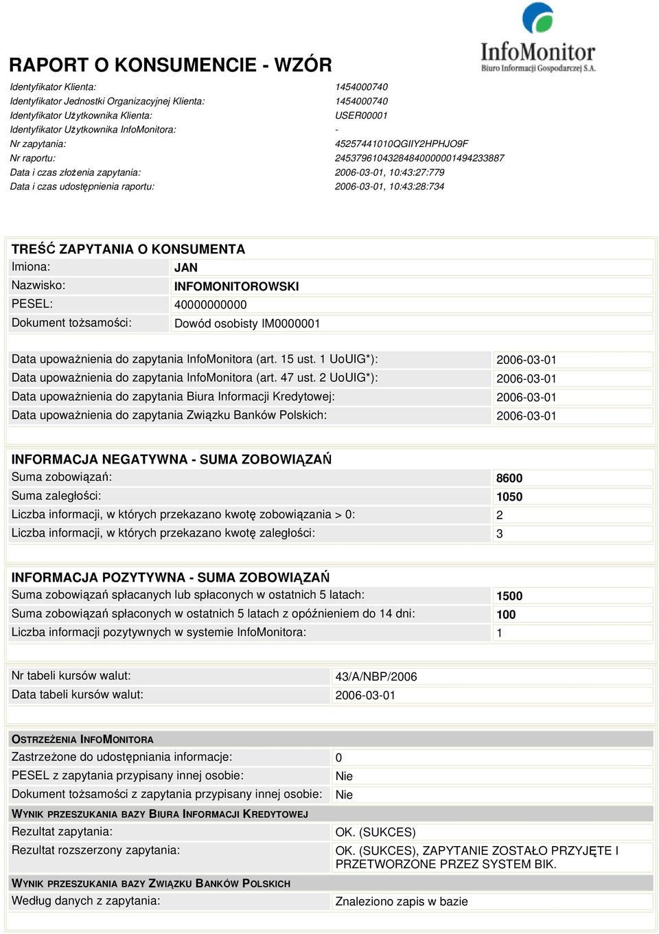 2006-03-01, 10:43:28:734 TREŚĆ ZAPYTANIA O KONSUMENTA Dokument toŝsamości: Dowód osobisty IM0000001 Data upowaŝnienia do zapytania InfoMonitora (art. 15 ust.