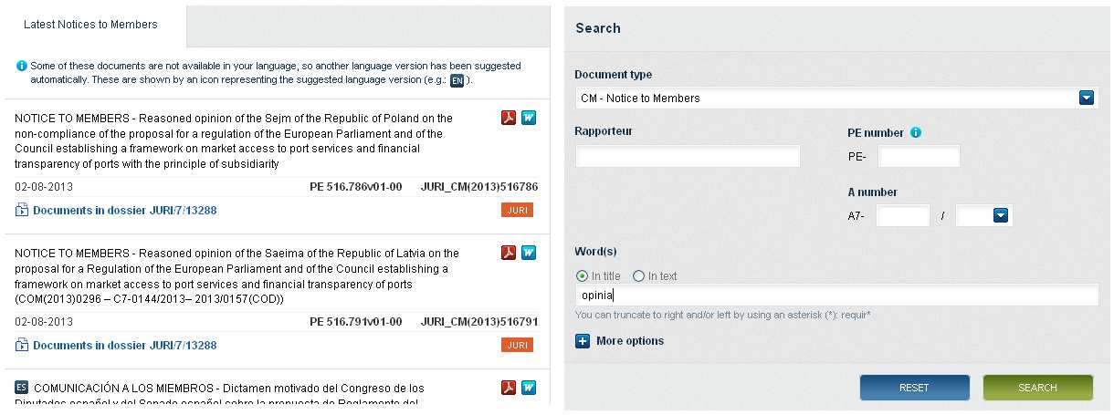 Information on reasoned opinions on the European Parliament website Fig.