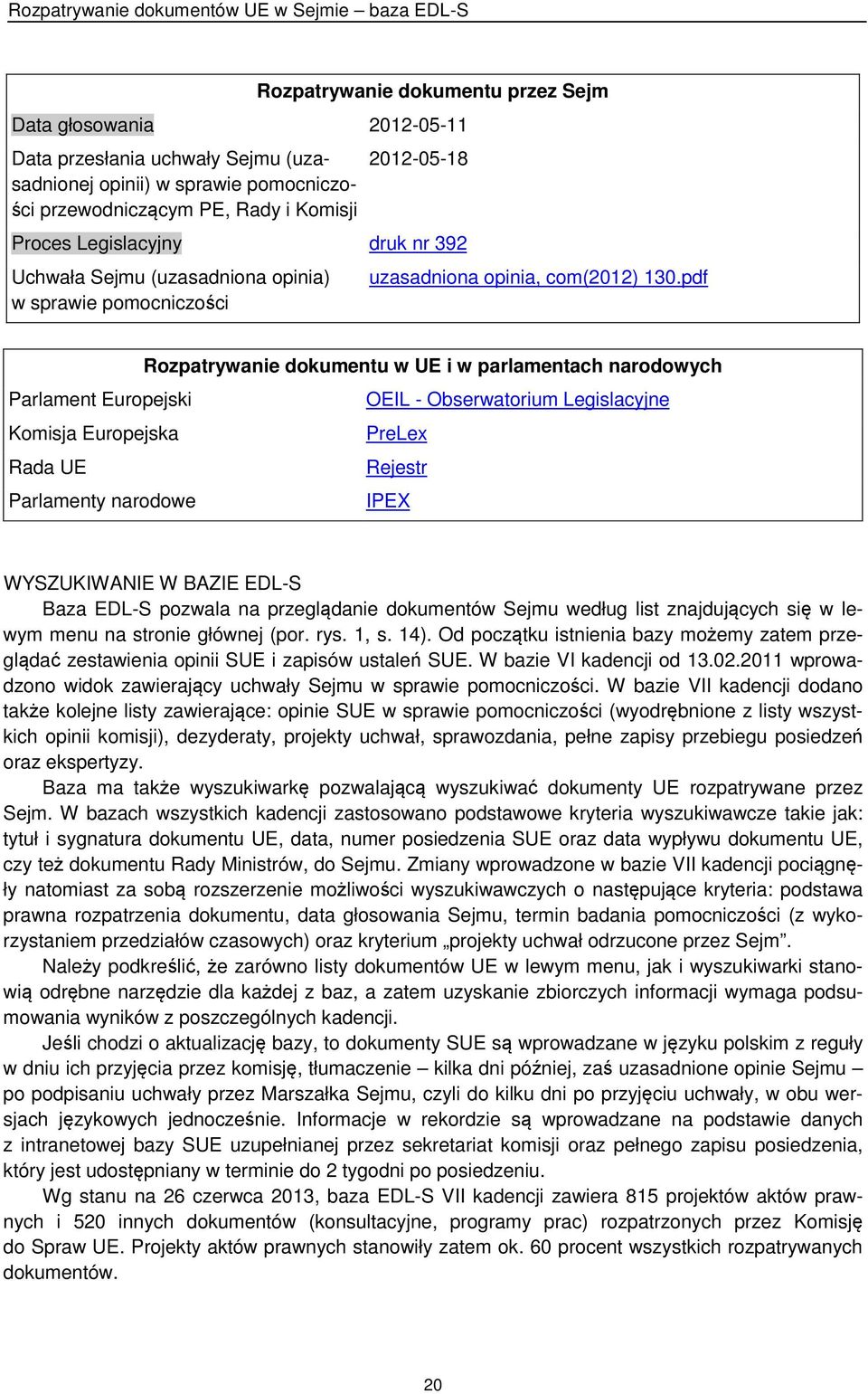 pdf Rozpatrywanie dokumentu w UE i w parlamentach narodowych Parlament Europejski OEIL - Obserwatorium Legislacyjne Komisja Europejska PreLex Rada UE Rejestr Parlamenty narodowe IPEX WYSZUKIWANIE W