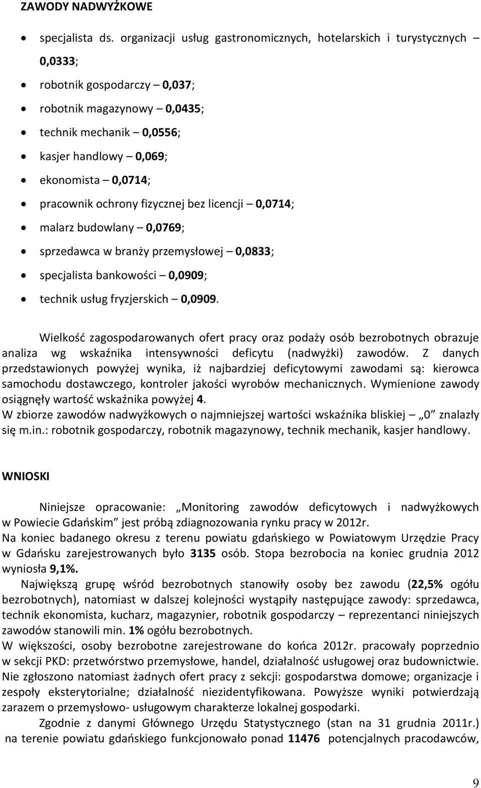 ochrony fizycznej bez licencji 0,0714; malarz budowlany 0,0769; sprzedawca w branży przemysłowej 0,0833; specjalista banowości 0,0909; techni usług fryzjersich 0,0909.