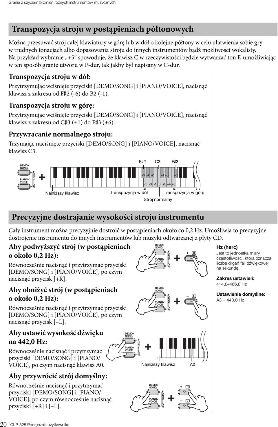 Na przykład wybranie +5 spowoduje, że klawisz C w rzeczywistości będzie wytwarzać ton F, umożliwiając w ten sposób granie utworu w F-dur, tak jakby był napisany w C-dur.