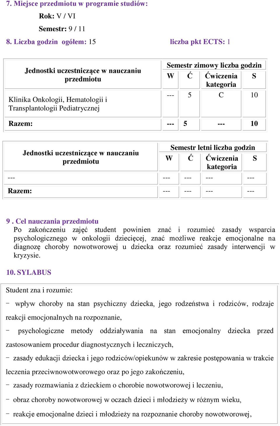 kategoria S --- 5 C 10 Razem: --- 5 --- 10 Semestr letni liczba godzin Jednostki uczestniczące w nauczaniu przedmiotu W Ć Ćwiczenia S kategoria --- --- --- --- --- Razem: --- --- --- --- 9.